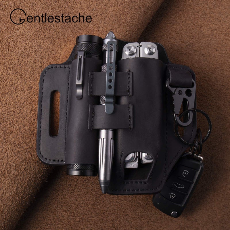 Gentlestache Belt Sheath, Practical EDC Leather Belt Organizer with Multitool Pouch, Flashlight/Pen Holder and Keychain Clip for Men Black - Image 2