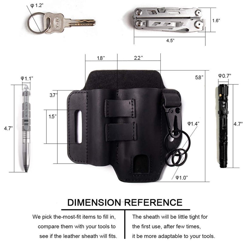 Gentlestache Belt Sheath, Practical EDC Leather Belt Organizer with Multitool Pouch, Flashlight/Pen Holder and Keychain Clip for Men Black - Image 5