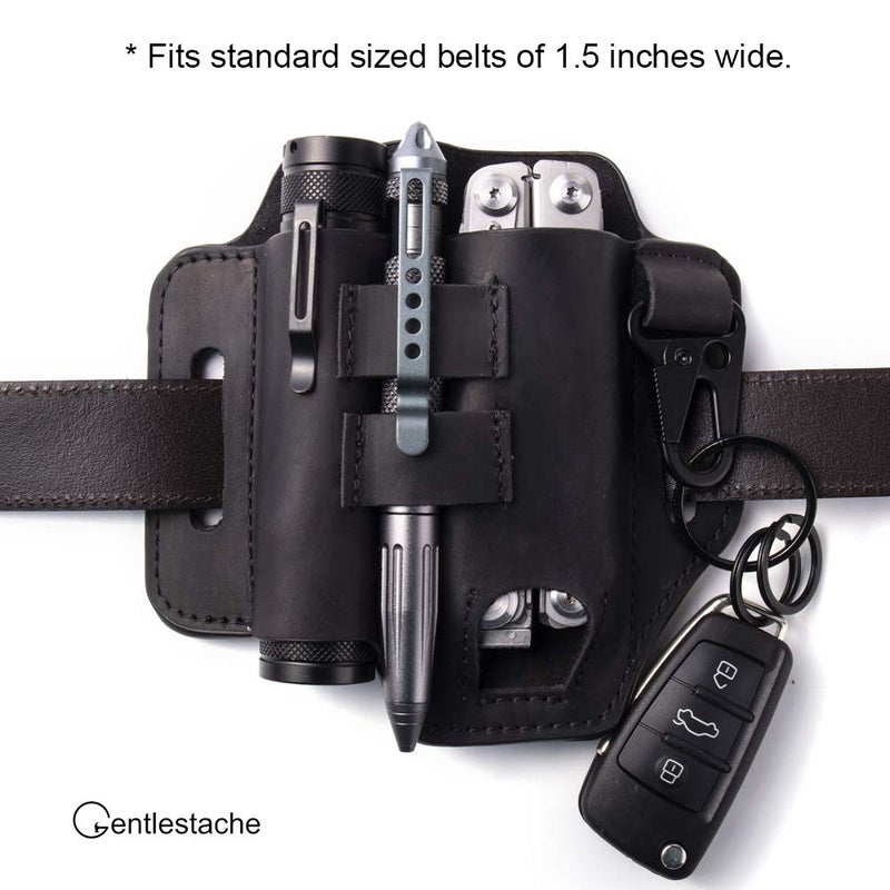 Gentlestache Belt Sheath, Practical EDC Leather Belt Organizer with Multitool Pouch, Flashlight/Pen Holder and Keychain Clip for Men Black - Image 3