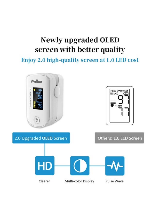 Wellue Pulse Oximeter Fingertip Blood Oxygen Saturation Heart Rate Monitor with Batteries and Lanyard Bluetooth FS20F White
