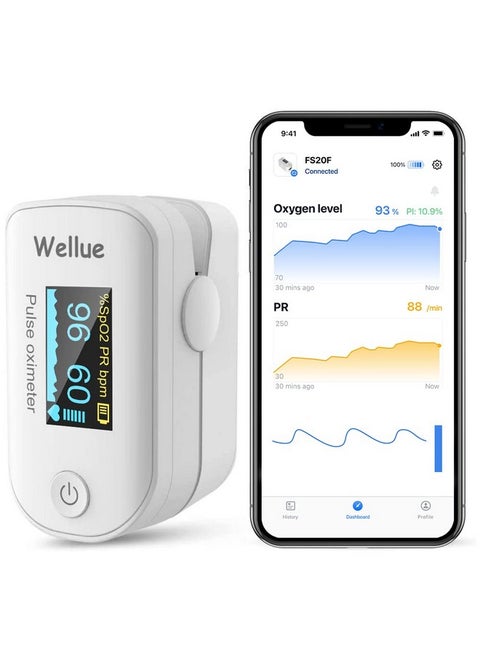 Wellue Pulse Oximeter Fingertip Blood Oxygen Saturation Heart Rate Monitor with Batteries and Lanyard Bluetooth FS20F White
