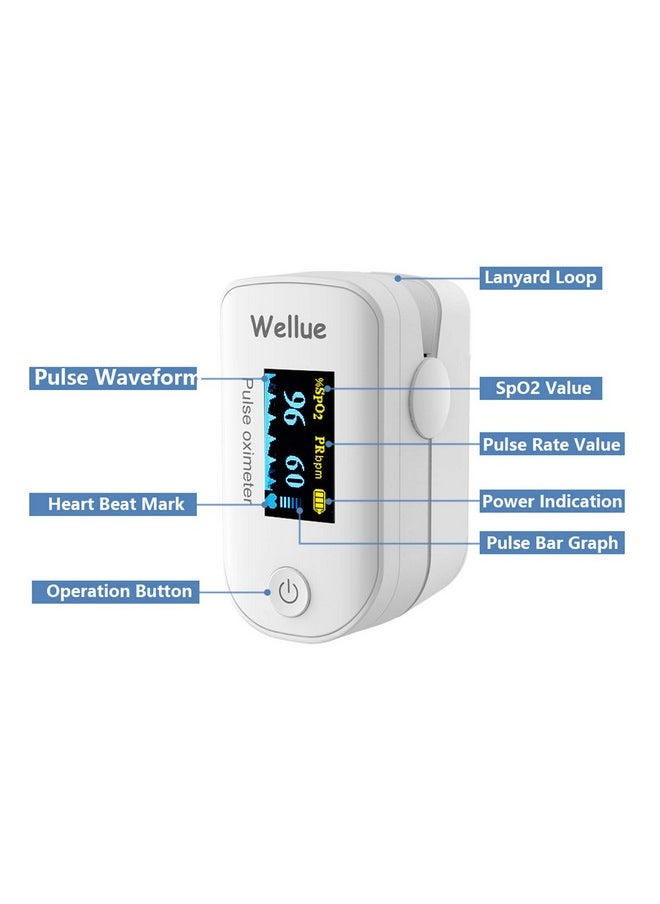 Wellue Pulse Oximeter Fingertip Blood Oxygen Saturation Heart Rate Monitor with Batteries and Lanyard Bluetooth FS20F White