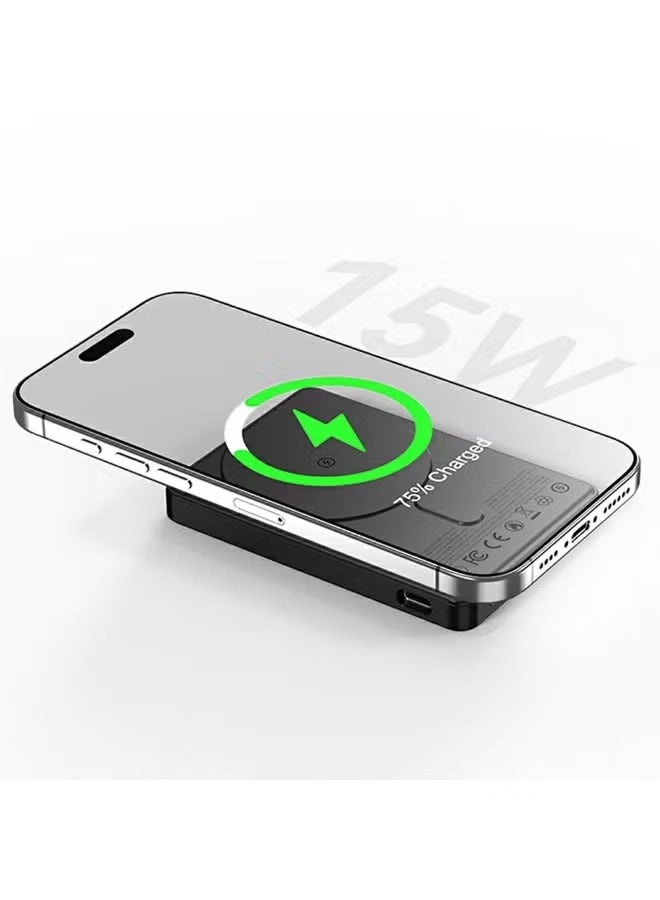 ريتشي باور بنك سعة 10000mAh شحن لاسلكي مغناطيسي 15 واط، 2 في 1 مع كابل مدمج وحامل قابل للطي – أسود - Image 3