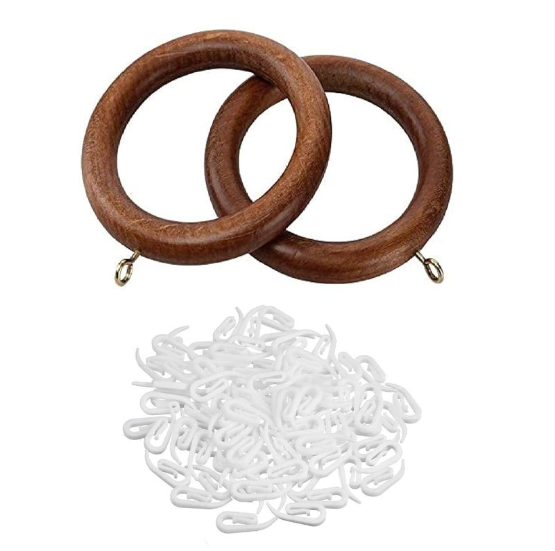 UNIQUELLA Pack of 50 Piece Set Walnut Brown Rosewood Natural Finish Wooden Curtain Rings with 50 Plastic Fish Hook Hanger Clips For Door Window Curtains - Image 1