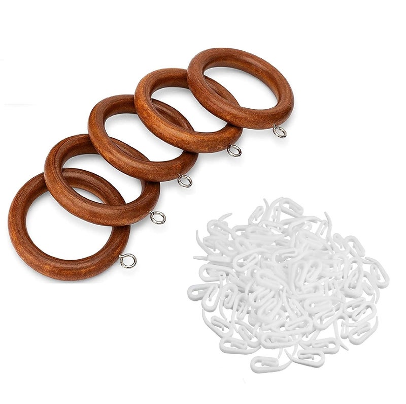 UNIQUELLA Pack of 50 Piece Set Walnut Brown Rosewood Natural Finish Wooden Curtain Rings with 50 Plastic Fish Hook Hanger Clips For Door Window Curtains - Image 3