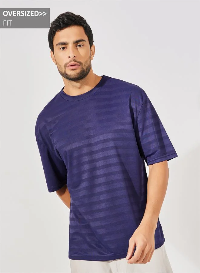 Styli Self Stripe Stretch Knit Oversized Crew Neck T-Shirt