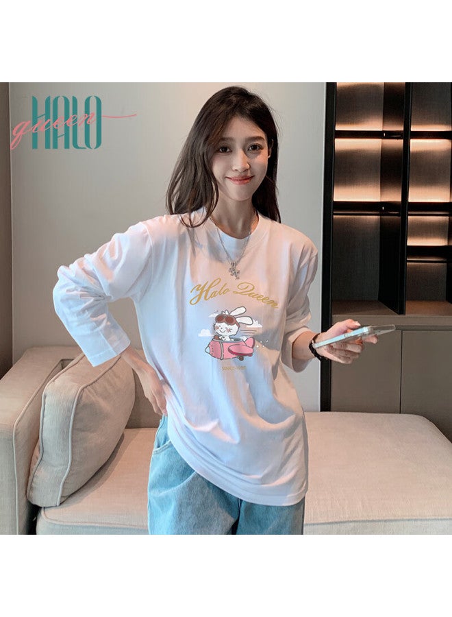 HALOQUEEN Halo Queen Women's Spring Autumn Long Sleeve Crew Neck T-shirt Cute Rabbit Print Loose Slim Fit Top H143t2481 - Image 1