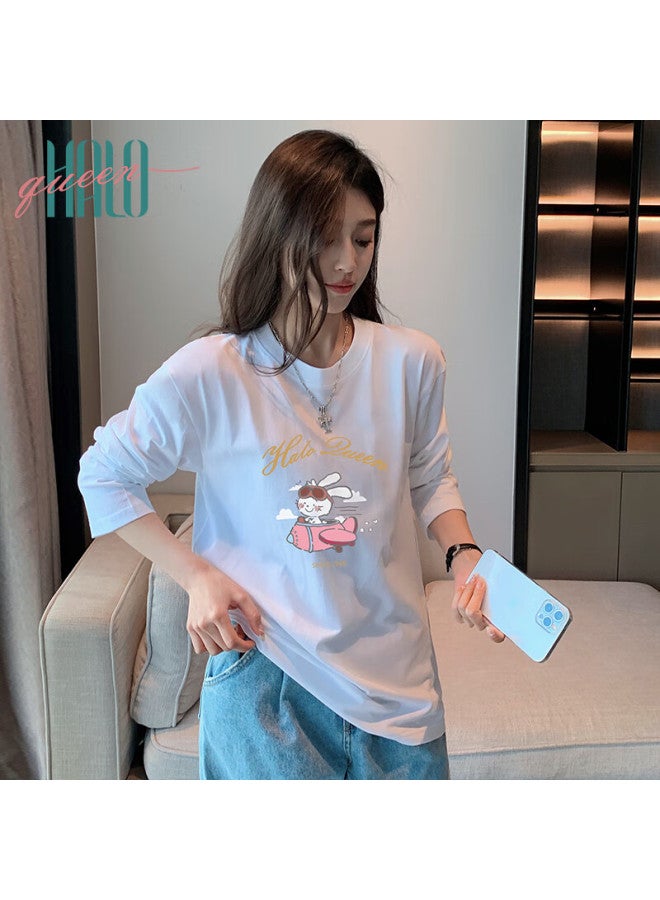 HALOQUEEN Halo Queen Women's Spring Autumn Long Sleeve Crew Neck T-shirt Cute Rabbit Print Loose Slim Fit Top H143t2481 - Image 3