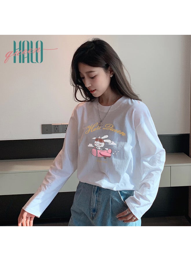 HALOQUEEN Halo Queen Women's Spring Autumn Long Sleeve Crew Neck T-shirt Cute Rabbit Print Loose Slim Fit Top H143t2481 - Image 5