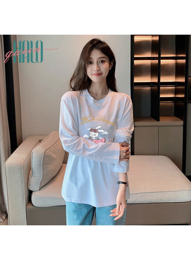 HALOQUEEN Halo Queen Women's Spring Autumn Long Sleeve Crew Neck T-shirt Cute Rabbit Print Loose Slim Fit Top H143t2481 - Image 2