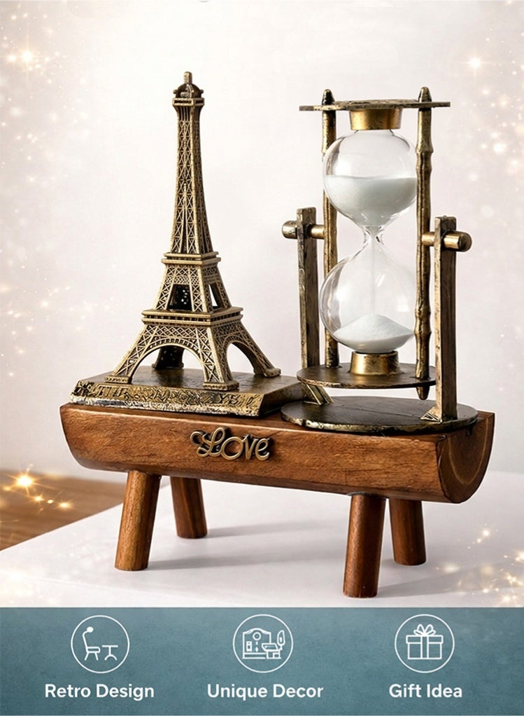 ساعة رملية بتصميم برج إيفل عتيق مع قاعدة خشبية "Love" - مؤقت رملي دوار لتزيين المنزل والمكتب، هدية رومانسية للذكرى السنوية وأعياد الميلاد - Image 5