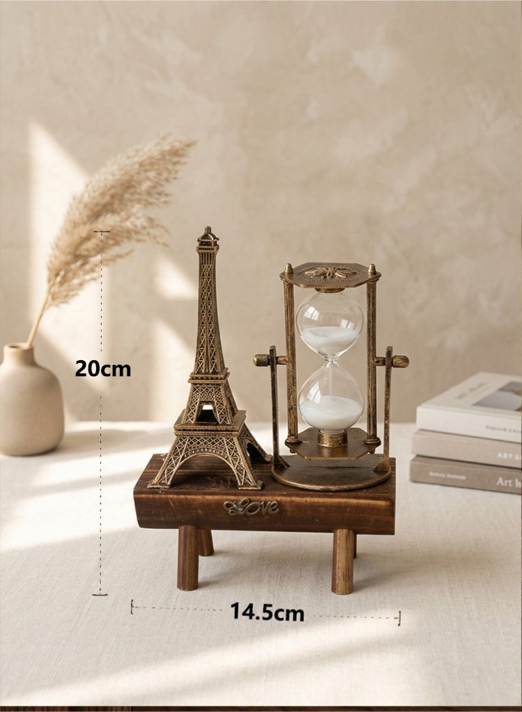 ساعة رملية بتصميم برج إيفل عتيق مع قاعدة خشبية "Love" - مؤقت رملي دوار لتزيين المنزل والمكتب، هدية رومانسية للذكرى السنوية وأعياد الميلاد - Image 3