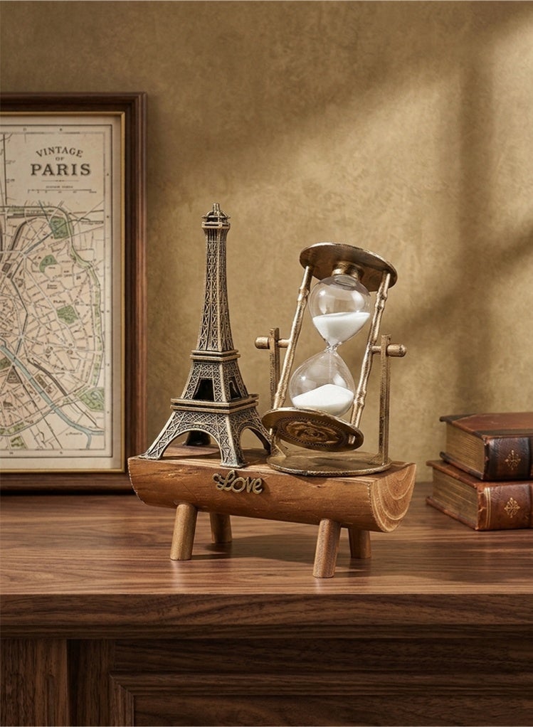ساعة رملية بتصميم برج إيفل عتيق مع قاعدة خشبية "Love" - مؤقت رملي دوار لتزيين المنزل والمكتب، هدية رومانسية للذكرى السنوية وأعياد الميلاد - Image 1
