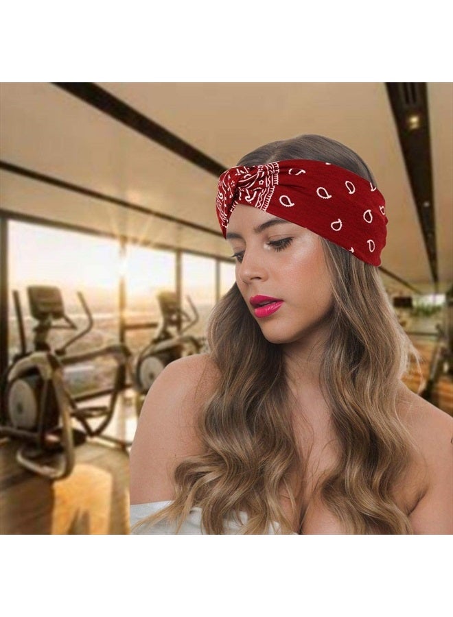 Urieo Boho Headbands Stretch Paisley Print Bandana Headband Criss Cross Hair Bands Knotted Head Wrap Yoga Daily for Women and Girls (Pack of 4) (A) - Image 3