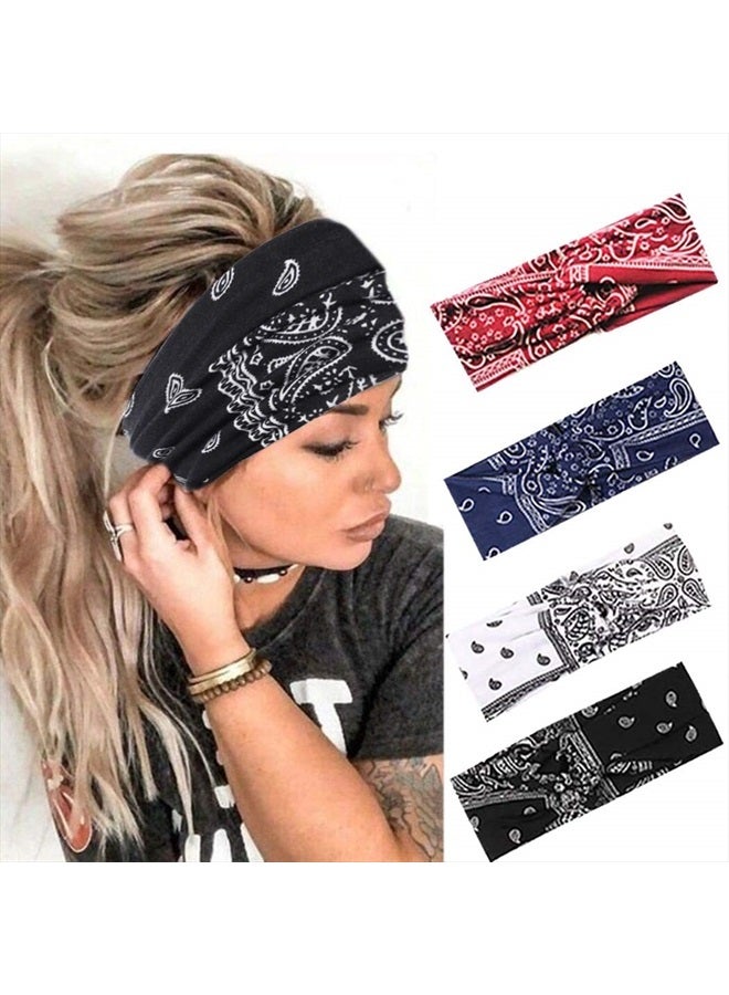 Urieo Boho Headbands Stretch Paisley Print Bandana Headband Criss Cross Hair Bands Knotted Head Wrap Yoga Daily for Women and Girls (Pack of 4) (A) - Image 1