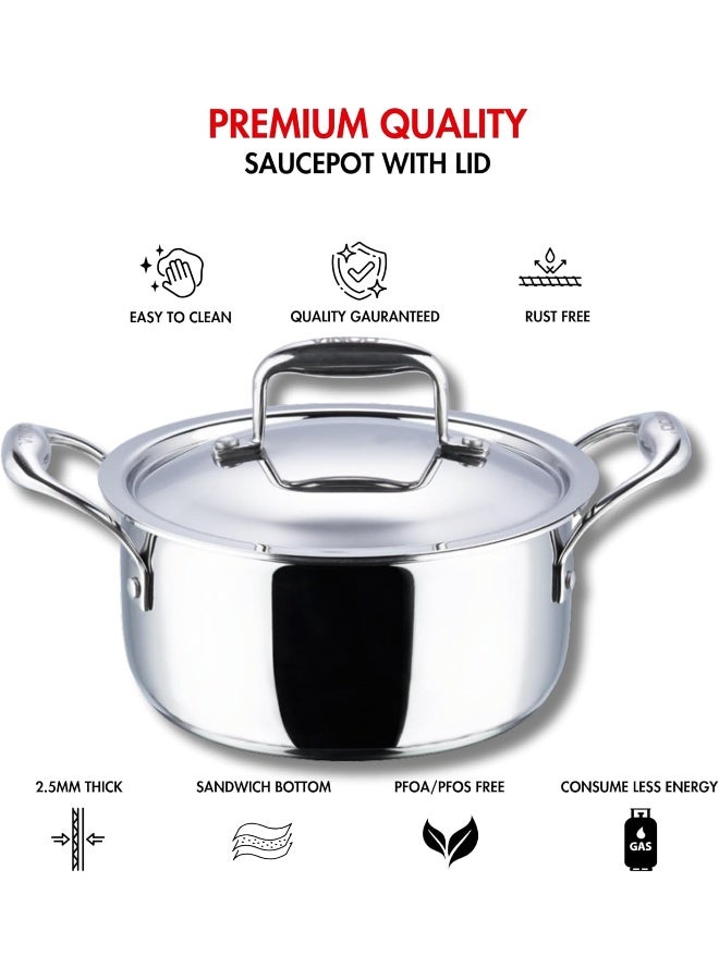 VINOD Platinum Triply Stainless Steel Saucepot with Lid 5L (24 cm) | 2.5 mm Thick Base | Multi-Purpose Biryani & Curry Pot | Induction & Gas Stove Compatible | – Silver - Image 4