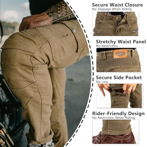 LOMENG Motorcycle Riding Pants Motorbike Motocross Cycling Jeans Safety CE Knee Hip Removable Armored All Seasons for Men Khaki 32 - Image 4