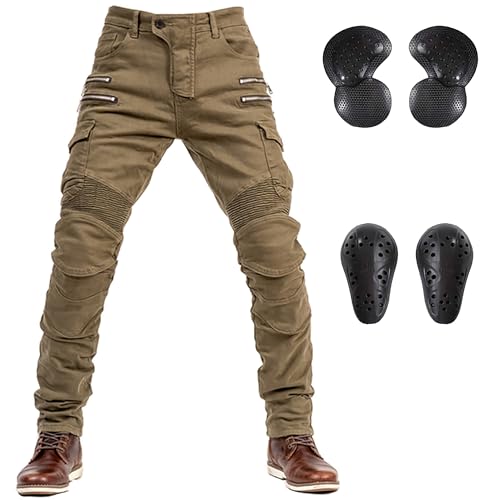 LOMENG Motorcycle Riding Pants Motorbike Motocross Cycling Jeans Safety CE Knee Hip Removable Armored All Seasons for Men Khaki 32 - Image 1