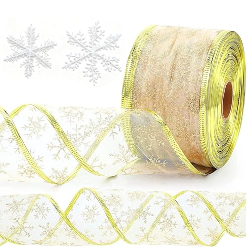 BharatBazaar Christmas Tree Decoration Items - Glittery Snowflake Organza Wired Ribbon for Tree Decorations with 12Pcs Snowflake, Gift Packaging, Crafts, and Party Decor - Image 1