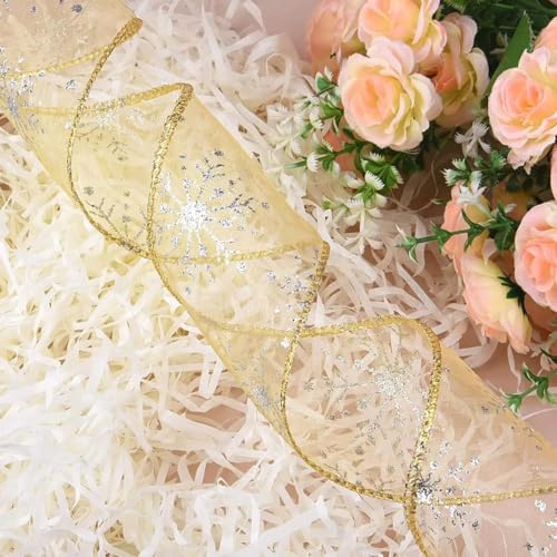 BharatBazaar Christmas Tree Decoration Items - Glittery Snowflake Organza Wired Ribbon for Tree Decorations with 12Pcs Snowflake, Gift Packaging, Crafts, and Party Decor - Image 5