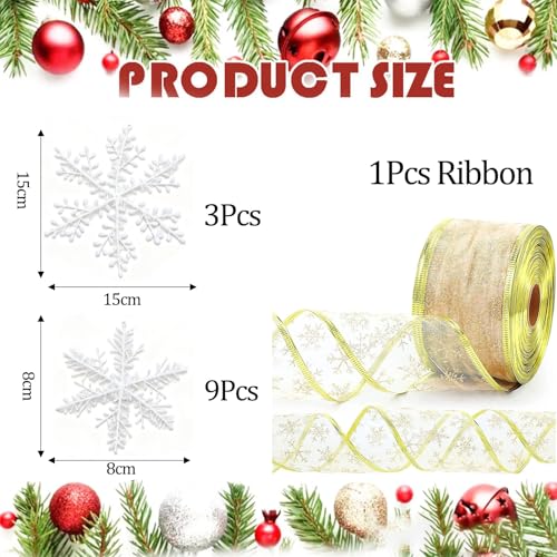 BharatBazaar Christmas Tree Decoration Items - Glittery Snowflake Organza Wired Ribbon for Tree Decorations with 12Pcs Snowflake, Gift Packaging, Crafts, and Party Decor - Image 2