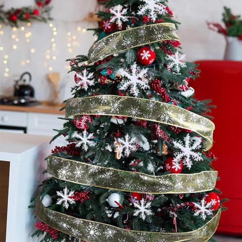 BharatBazaar Christmas Tree Decoration Items - Glittery Snowflake Organza Wired Ribbon for Tree Decorations with 12Pcs Snowflake, Gift Packaging, Crafts, and Party Decor - Image 3