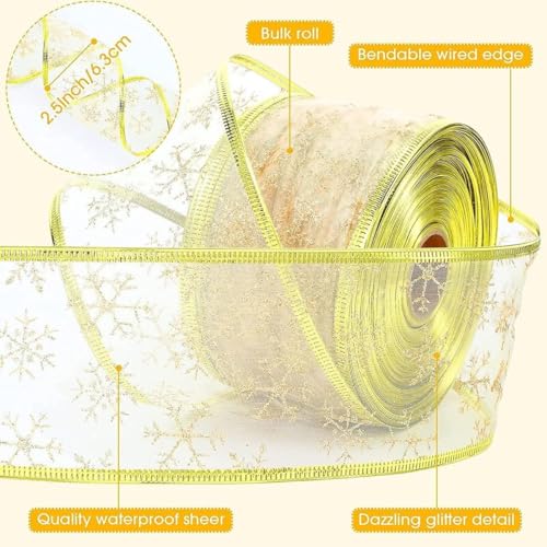BharatBazaar Christmas Tree Decoration Items - Glittery Snowflake Organza Wired Ribbon for Tree Decorations with 12Pcs Snowflake, Gift Packaging, Crafts, and Party Decor - Image 4
