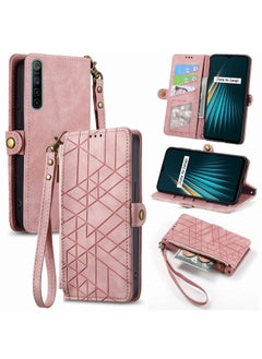 HuHa Case Cover For Realme 5 / 5i / 6i Geometric Zipper Wallet Side Buckle Leather Phone Case Pink 