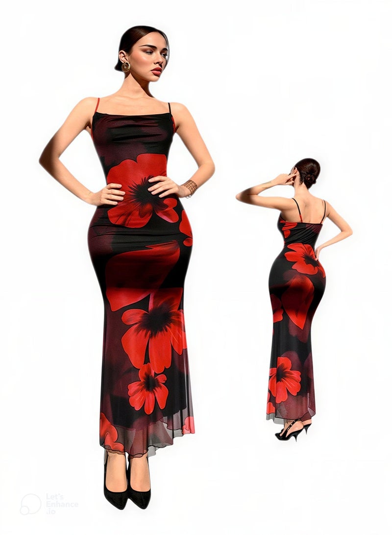 Elegant Floral Evening Dress, Black with Red Flower Print, Floor Length, Sleeveless, Fitted Style, Special Occasion Formal Gown - Image 2