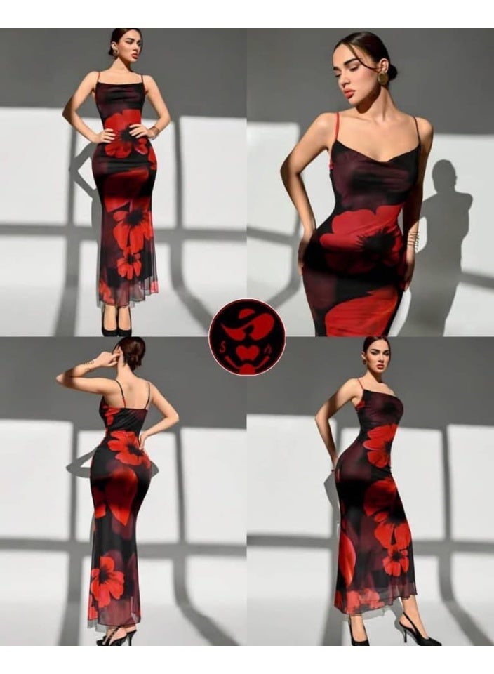Elegant Floral Evening Dress, Black with Red Flower Print, Floor Length, Sleeveless, Fitted Style, Special Occasion Formal Gown - Image 3