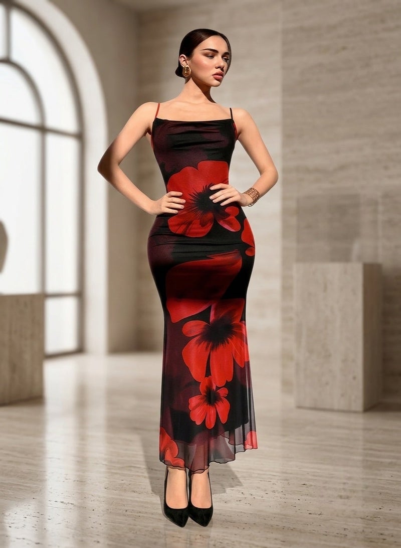 Elegant Floral Evening Dress, Black with Red Flower Print, Floor Length, Sleeveless, Fitted Style, Special Occasion Formal Gown - Image 1