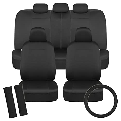 BDK PolyPro Car Seat Covers Full Set in Solid Black with Steering Wheel Cover & Seat Belt Pads – Front and Rear Split Bench Car Seat Cover, Easy to Install, Interior Covers for Auto Truck Van SUV - Image 1