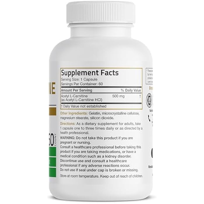 Bronson Acetyl L-Carnitine 500 MG High Potency Amino Acid Non-GMO, 60 Capsules - Image 2