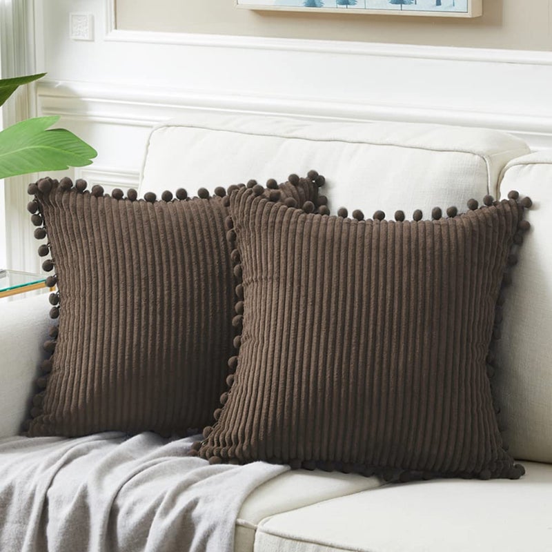 Fancy Homi Pack of 2 Dark Brown Decorative Throw Pillow Covers 20x20 Inch with Pompoms for Couch Bed Soft Corduroy Solid Square Cushion Case 50x50 cm Farmhouse Boho Home Decor - Image 2