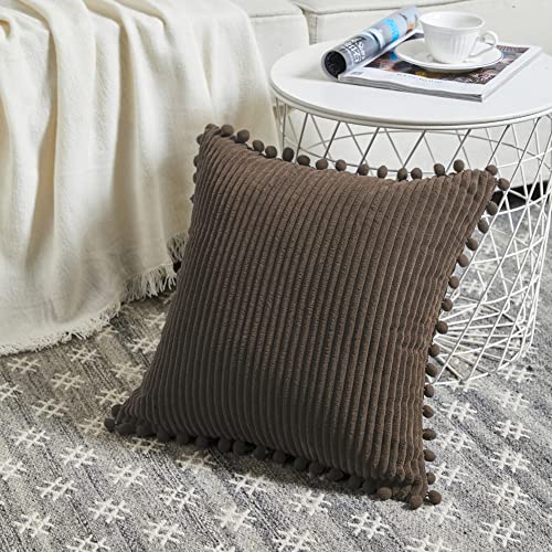 Fancy Homi Pack of 2 Dark Brown Decorative Throw Pillow Covers 20x20 Inch with Pompoms for Couch Bed Soft Corduroy Solid Square Cushion Case 50x50 cm Farmhouse Boho Home Decor - Image 3