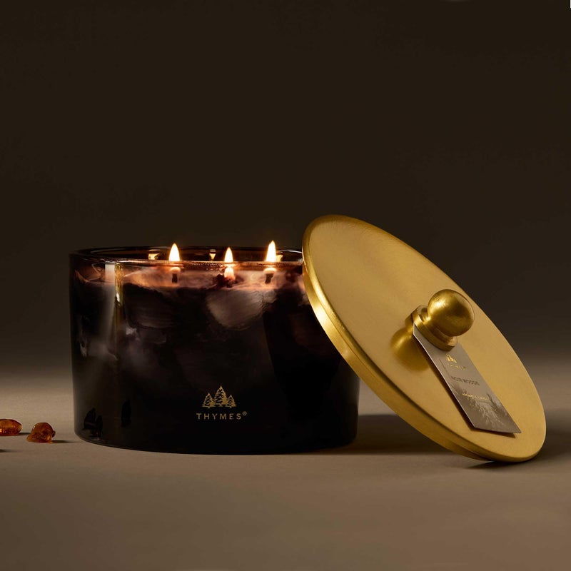 Thymes Noir Woods Scented Candles for Home Decor â€“ Notes of Fresh Evergreen, Smoky Wood & Golden Amber â€“ Luxury Home Fragrance Gifts for Women & Men â€“ Burns Up to 38 Hrs (Large 3 Wick Candle, 18 oz) - Image 2