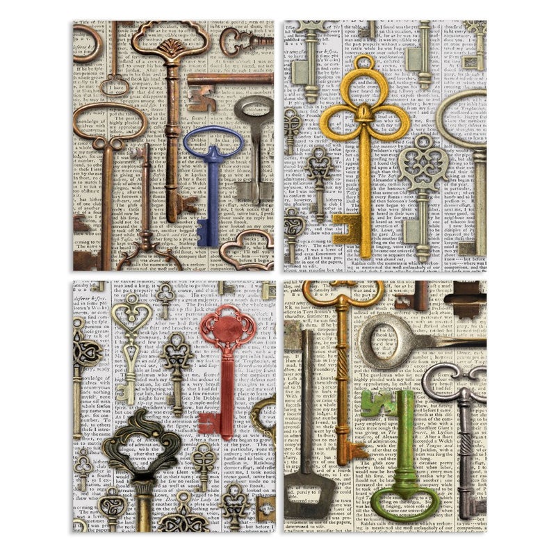 Stupell Industries Stupell Home D?cor 4 Piece Old Fashioned Keys On Newspaper Graphic Wall Plaque Set  10 x 0.5 x 15  Proudly Made in USA - Image 1