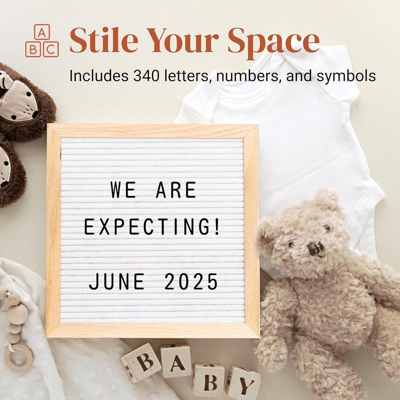 Stiles 10"x10" Felt Letter Board Sign Set, With 340 Plastic Letters, Numbers, and Symbols, Changeable Wooden Message Board for Menu, Milestones, or Baby Announcement Sign, White - Image 4