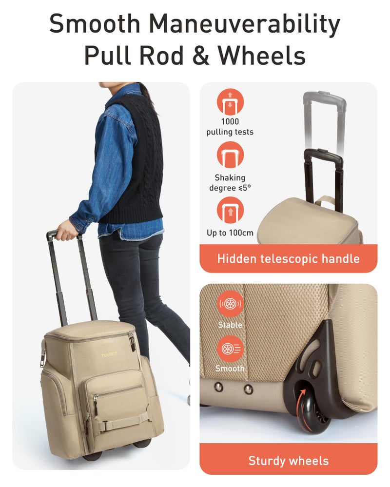 TOURIT Rolling Cooler Backpack: Leakproof Waterproof Insulated 36 Cans Beach Cooler with Wheels and Handle Outdoor Camping Picnic Travel Brown - Image 3