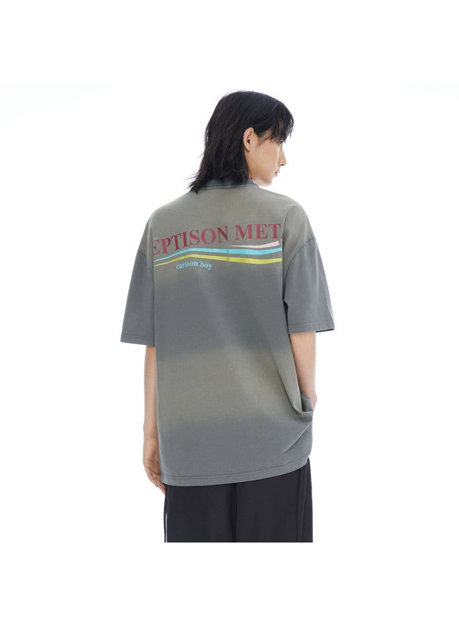 EPTISON تي شيرت بولو للجنسين بطباعة حروف، تصميم فضفاض غير رسمي بأكمام قصيرة - Image 3