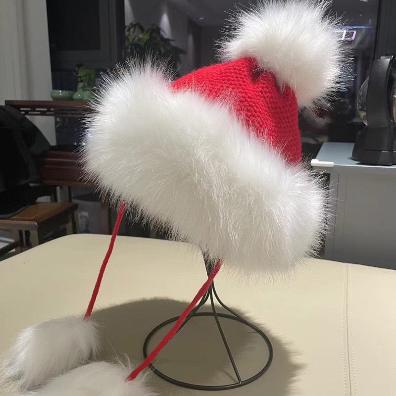 Red Beanie Women Christmas Pom-pom Fleece Ski Hat Acrylic - Image 1