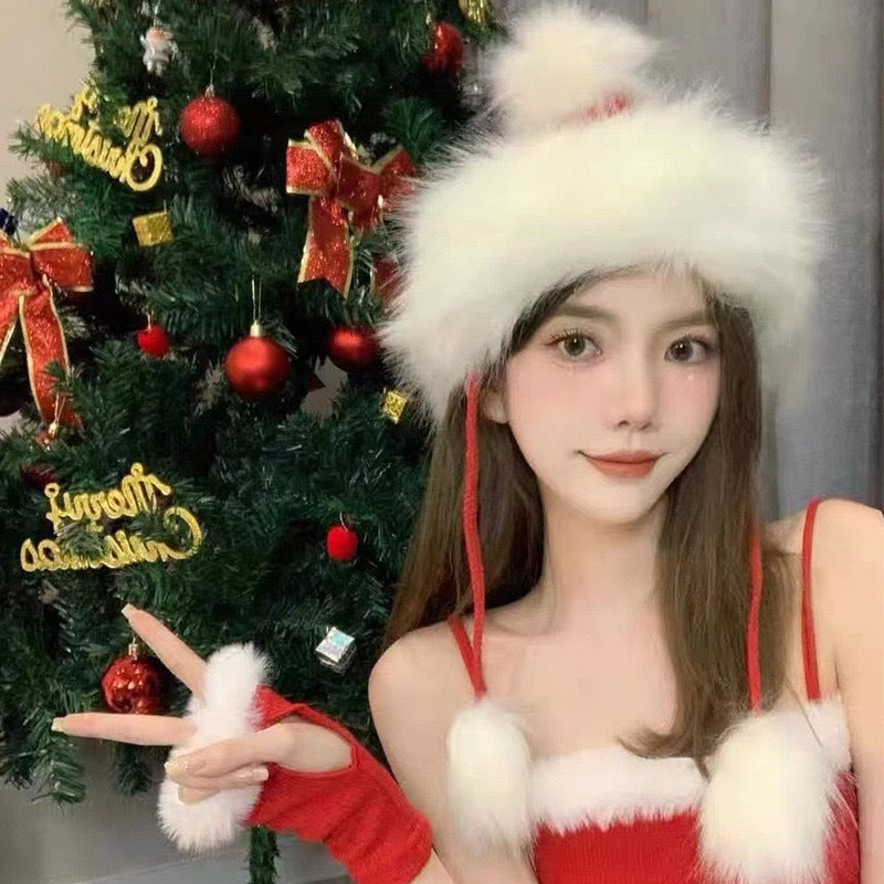 Red Beanie Women Christmas Pom-pom Fleece Ski Hat Acrylic - Image 2