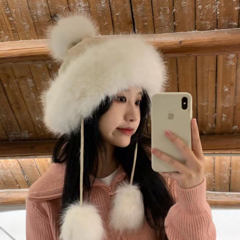 Red Beanie Women Christmas Pom-pom Fleece Ski Hat Acrylic - Image 4