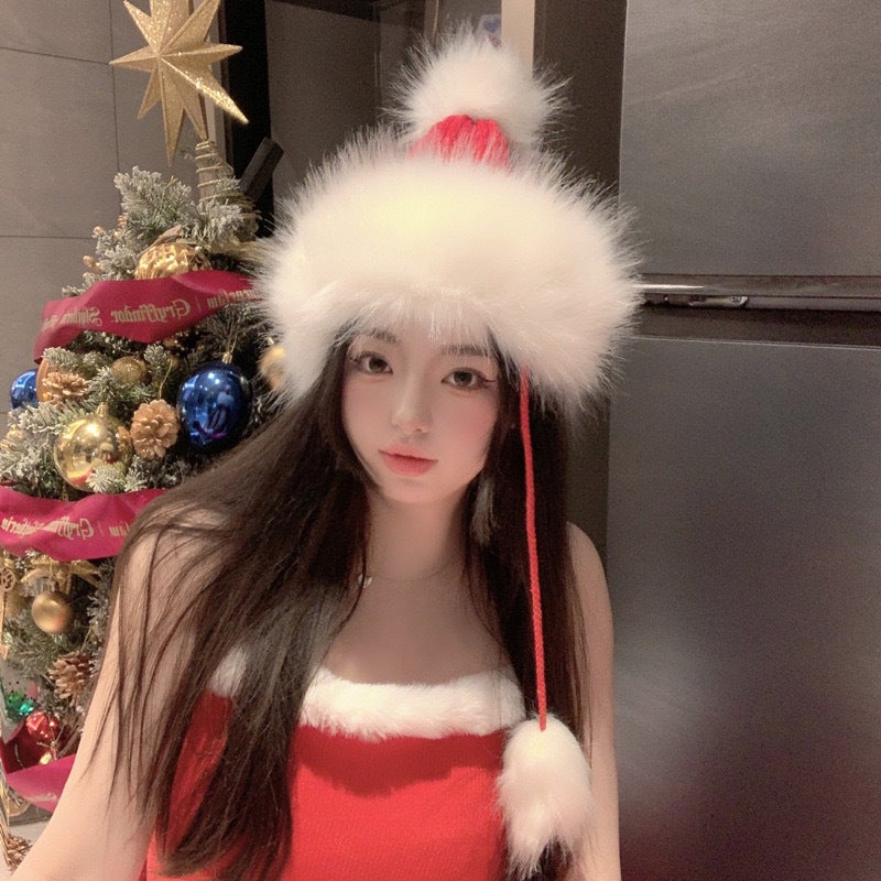 Red Beanie Women Christmas Pom-pom Fleece Ski Hat Acrylic - Image 3