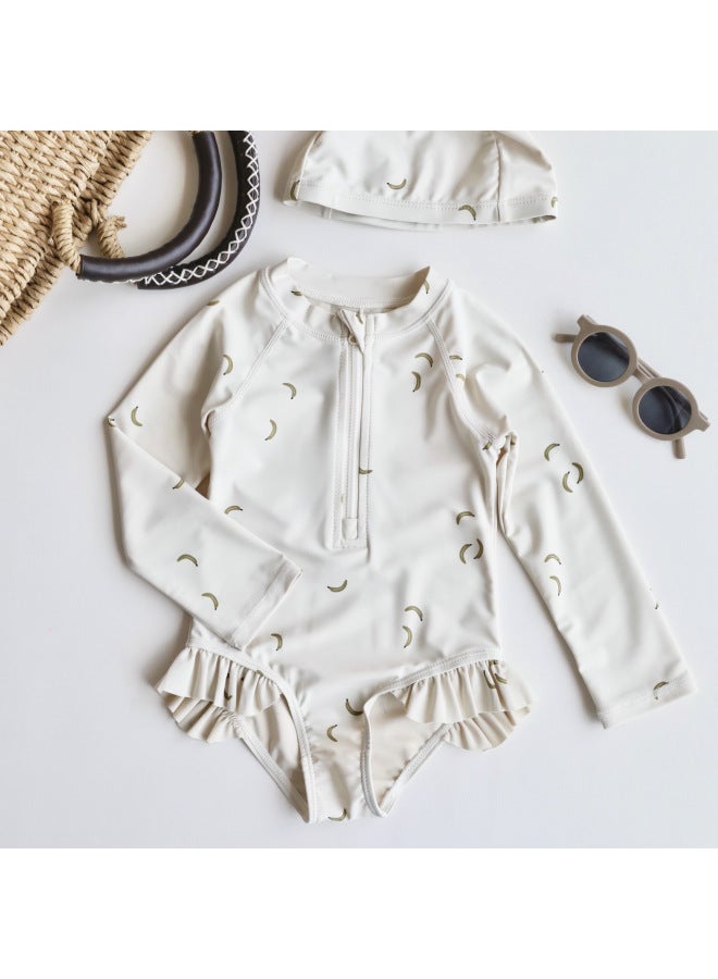 إسكدنيا Girls Baby Cute One-piece Swimsuit Girls Ins Style Floral Swimsuit Children's Long Sleeve Anti-chlorine Sunscreen Swimsuit-Color:(presale) Zipper Swimsuit Rice White Banana- - Image 1