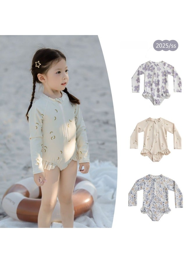 إسكدنيا Girls Baby Cute One-piece Swimsuit Girls Ins Style Floral Swimsuit Children's Long Sleeve Anti-chlorine Sunscreen Swimsuit-Color:(presale) Zipper Swimsuit Rice White Banana- - Image 2