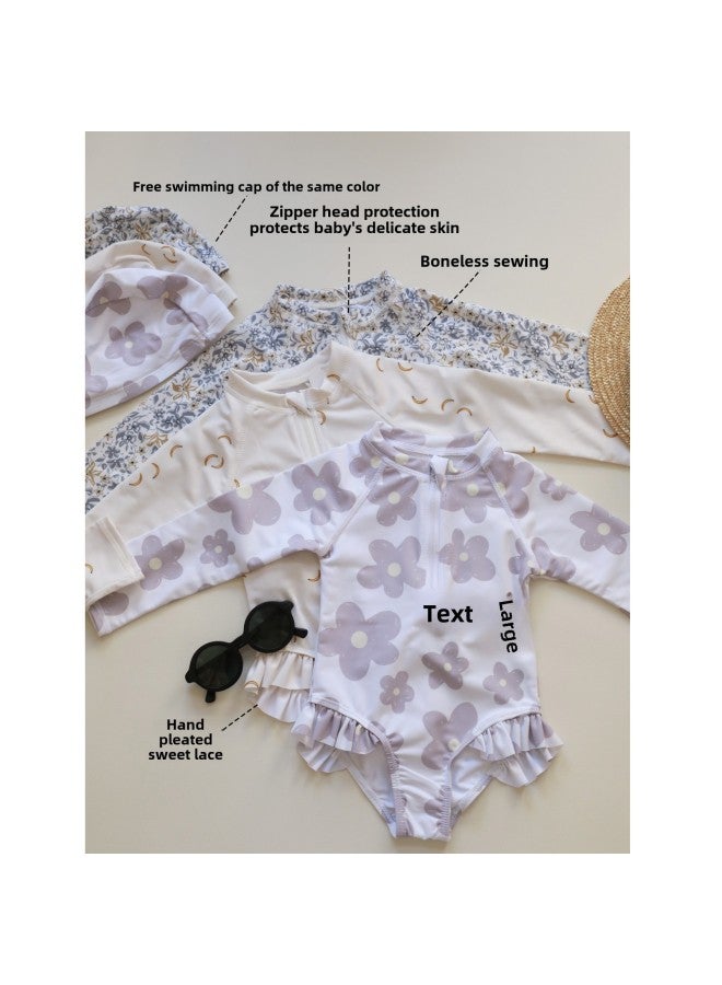 إسكدنيا Girls Baby Cute One-piece Swimsuit Girls Ins Style Floral Swimsuit Children's Long Sleeve Anti-chlorine Sunscreen Swimsuit-Color:(presale) Zipper Swimsuit Rice White Banana- - Image 3