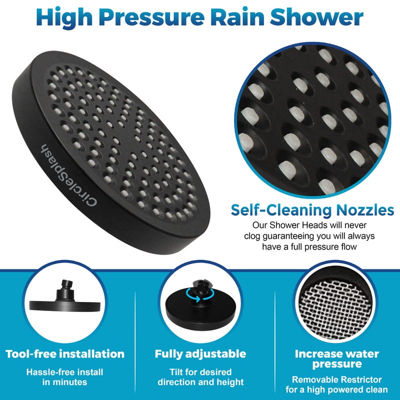 CircleSplash High Pressure Shower Head - Anti-Clogging Silicone Nozzles - 2.5 GPM Removable Restrictor - Easy to Clean Adjustable Replacement - easy to install with Plumbers Tape - 6 inch - Matte Black Finish - Image 2