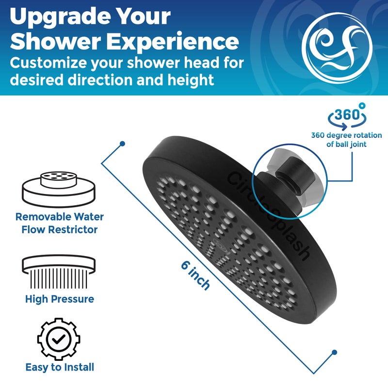 CircleSplash High Pressure Shower Head - Anti-Clogging Silicone Nozzles - 2.5 GPM Removable Restrictor - Easy to Clean Adjustable Replacement - easy to install with Plumbers Tape - 6 inch - Matte Black Finish - Image 3