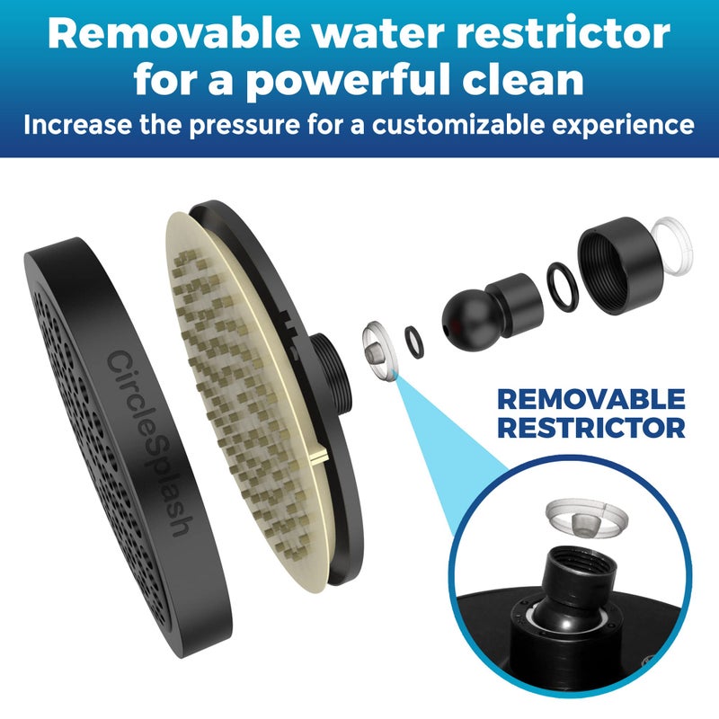 CircleSplash High Pressure Shower Head - Anti-Clogging Silicone Nozzles - 2.5 GPM Removable Restrictor - Easy to Clean Adjustable Replacement - easy to install with Plumbers Tape - 6 inch - Matte Black Finish - Image 4